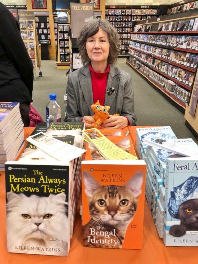 Brought a Halloween mascot along to the signing at Barnes & Noble, Edison. He looks cute, but yowls and shrieks when he’s squeezed!