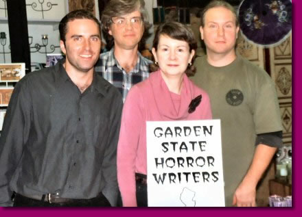With fellow GSHW members (left to right) Brian Pederson, Patrick Lundrigan & Neil Morris, during Halloween reading on Oct. 28, 2004 at the coffee shop Uncommon Grounds in Boonton, NJ. (Photo by Gail Hawthorne)